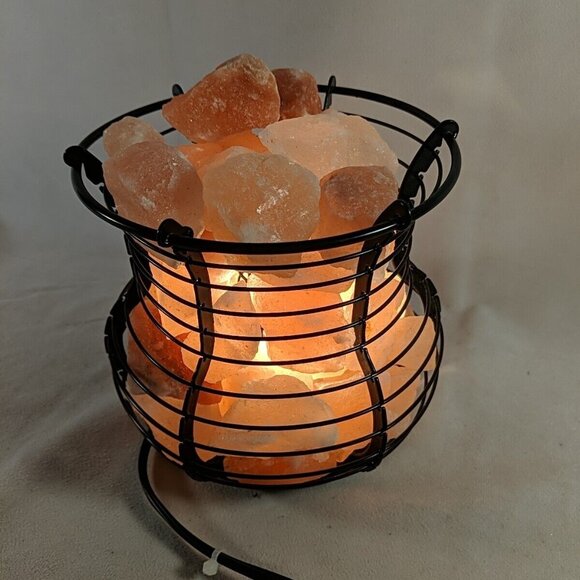 Himalayan Salt Lamp Pink Black Wire Basket Light Accent Lamp Metal Large Big - Picture 11 of 13